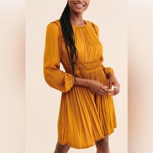 Maeve by Anthropologie Mustard Pleated Long-Sleeve Dress